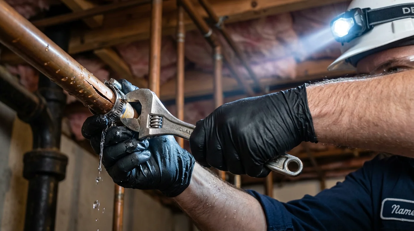 Emergency pipe clamp repair being performed by a Johns Plumbing LLC plumber in Pirtleville