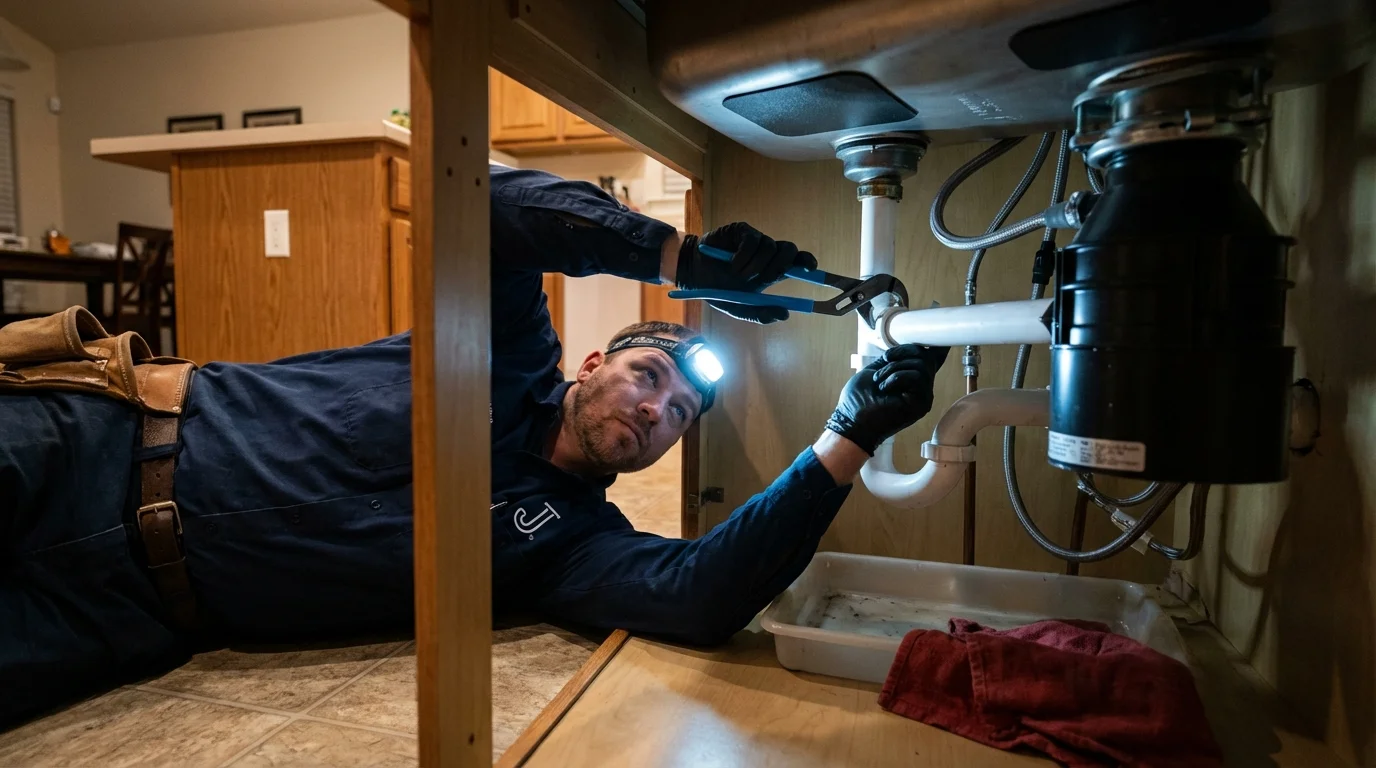 P-trap and supply line connections under a kitchen sink showing a common leak point in Pirtleville, AZ